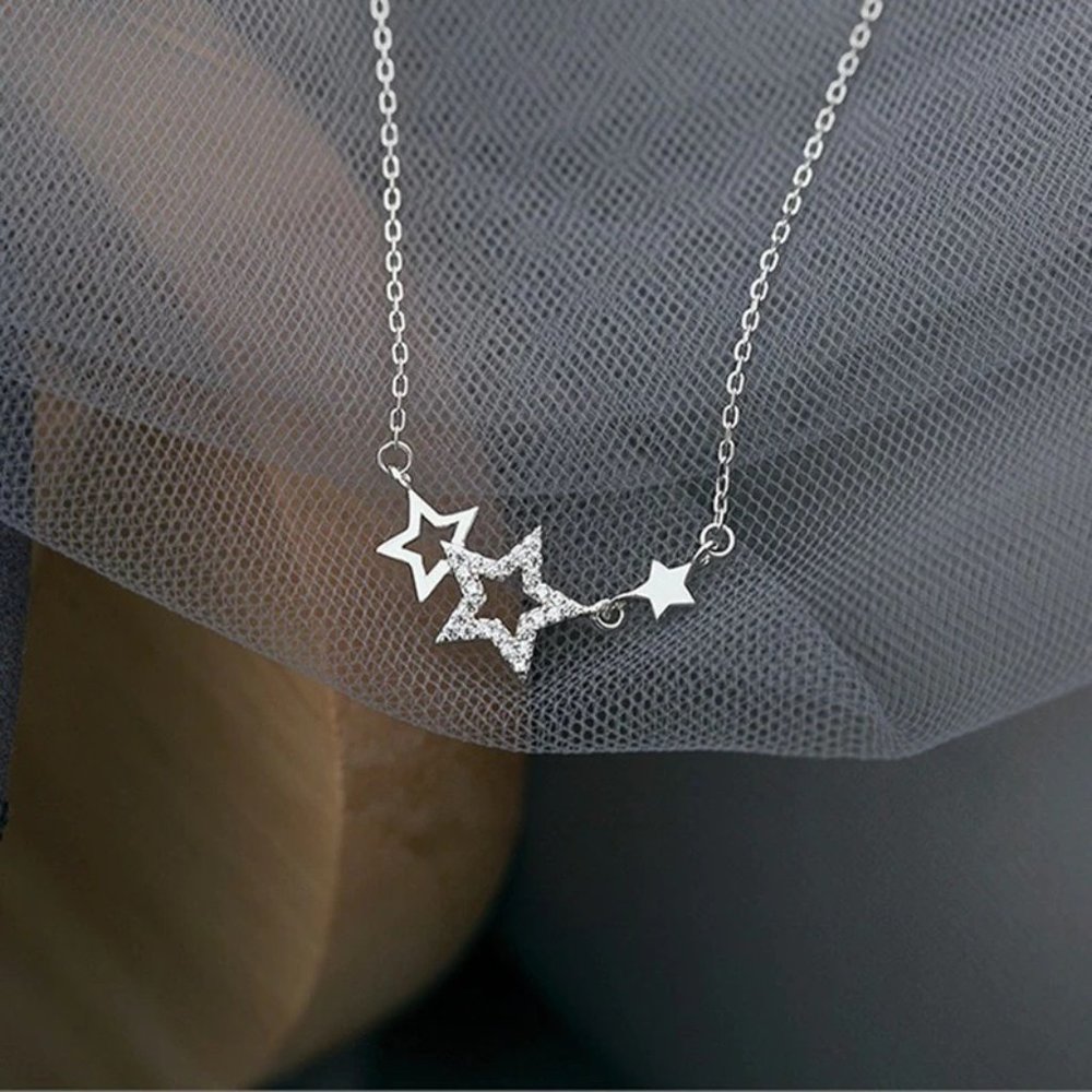 NEW S925 Sterling Silver Inlaid Zirconia Gemstone Star Necklace